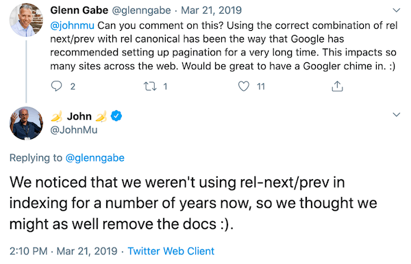 John Mueller tweeting about rel-next/prev