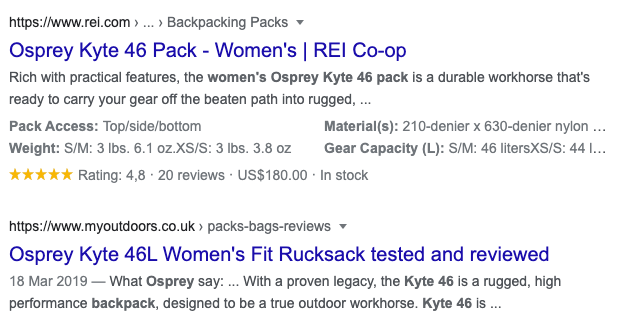 Screenshot showing SERP with product schema and reviews