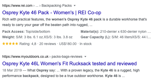 Screenshot showing SERP with product schema and reviews Screenshot showing SERP with product schema and reviews