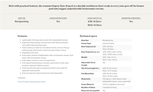 Screenshot of a good product description Screenshot of a good product description