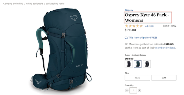 Screenshot from REI showing a good product name Screenshot from REI showing a good product name