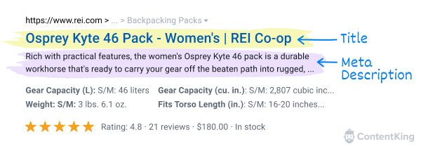 Screenshot of a search engine result snippet from Google, with the title, URL and description highlighted. Screenshot of a search engine result snippet from Google, with the title, URL and description highlighted.