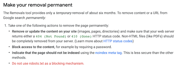 Screenshot from Google's Removal Tools documentation
