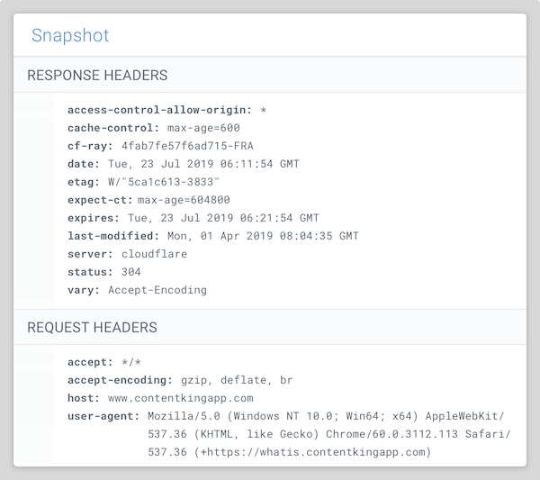 ContentKing’s snapshot of request and response headers