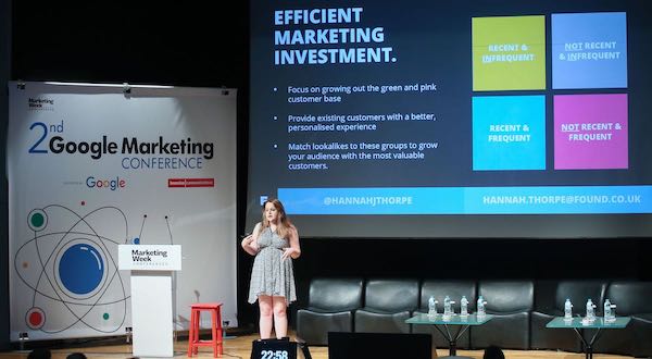 Hannah Thorpe on stage speaking at the Marketing Week conference