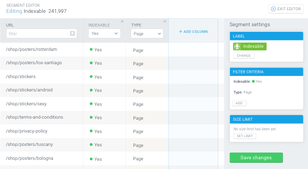 Redesigned Segment editor in ContentKing showing the segment settings and the pages matching those criteria side by side
