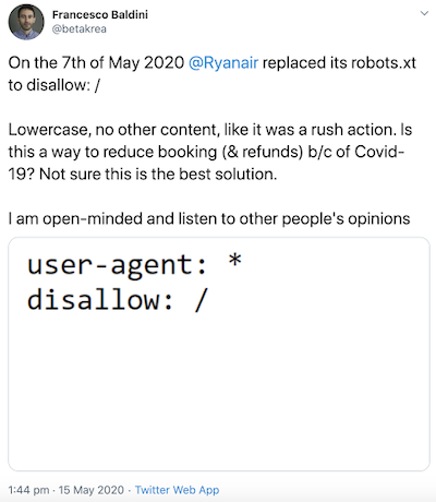 Ryanair’s robots.txt disallowing crawling