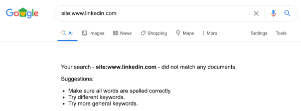 No results for www LinkedIn query on Google