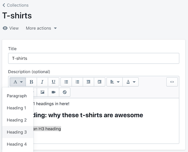 Applying headings in Shopify text editor