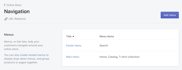 Managing menus within Shopify