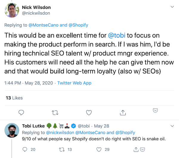 Nick Wilsdon and Tobi Lutke tweeting about Shopify’s SEO