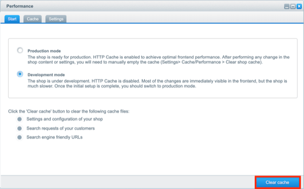 Shopware’s caching settings Screenshot of Shopware’s caching settings