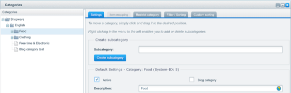 Managing the main navigation’s categories Screenshot of Shopware’s product categories screen