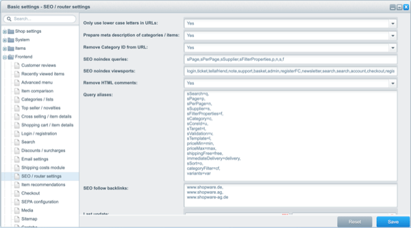 Screenshot of SEO settings screen in Shopware