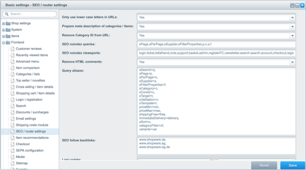 Settings screen in Shopware to modify SEO and router parameters Screenshot of SEO settings screen in Shopware