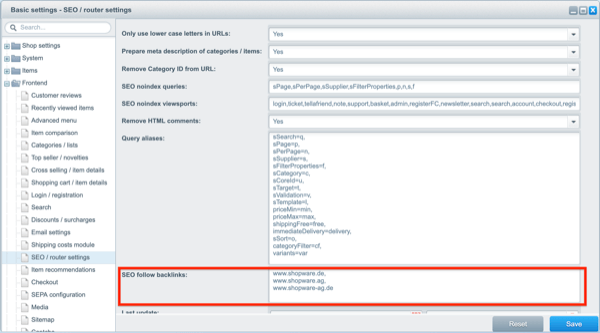 Managing what external links shouldn’t be marked as nofollow Screenshot of Shopware’s settings about what external links shouldn’t be marked as nofollow