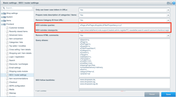 Shopware’s robots noindex settings Screenshot of Shopware’s robots noindex settings