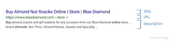 Screenshot of a search engine result snippet from Google, with the title, URL and description highlighted. Screenshot of a search engine result snippet from Google, with the title, URL and description highlighted.