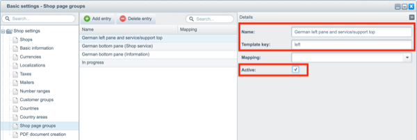 Managing a shop page group in Shopware Screenshot of Shopware’s shop page group detail screen