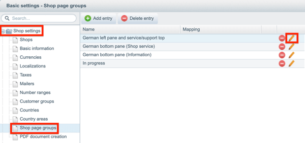 Managing shop page groups in Shopware Screenshot of Shopware’s shop page group management screen