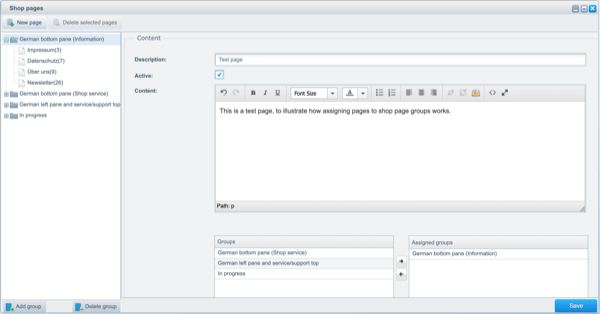 Adding a shop page to a shop page group in Shopware Screenshot of Shopware’s shop page creation screen