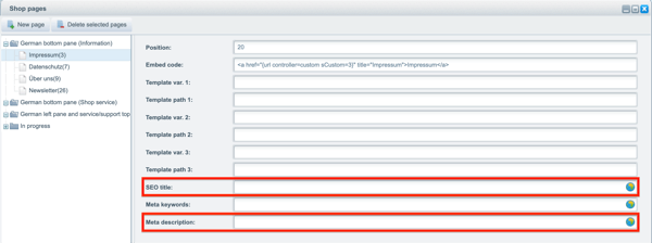 Managing a shop page’s meta information Screenshot of the shop page detail screen showing the page’s meta information