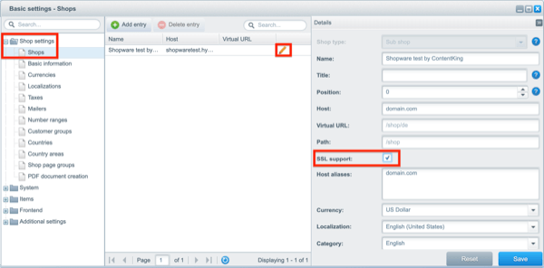 Shopware’s SSL support settings Screenshot of the SSL support settings