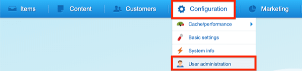 Navigating to Shopware’s user administration Screenshot of Shopware’s configuration navigation
