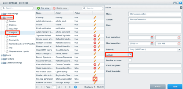 Activating the cronjob for regenerating the XML sitemap Screenshot of the cronjob configuration for XML sitemaps