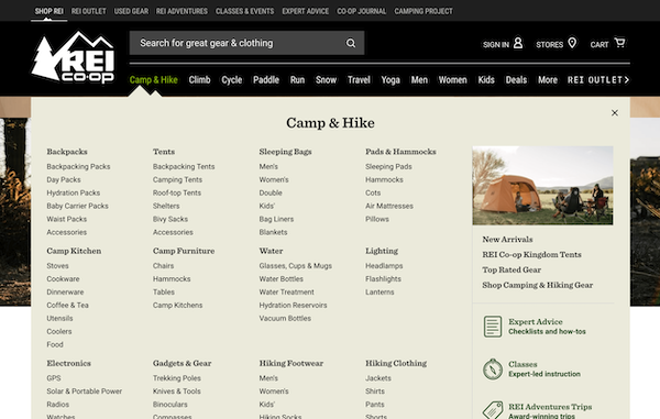 A screenshot of REI’s main navigation. A screenshot of REI’s main navigation.