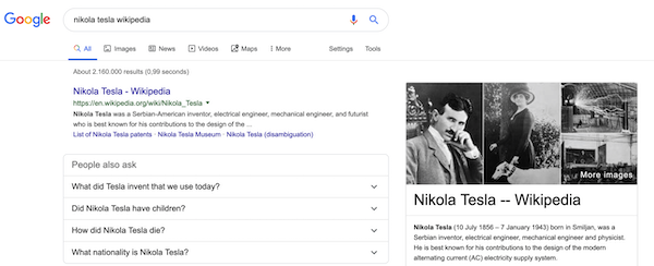 Search results for the query “nikola tesla wikipedia” showing the Nikola Tesla Wikipedia article and a knowledge graph pane. A screenshot of the search results for the query “nikola tesla wikipedia”.