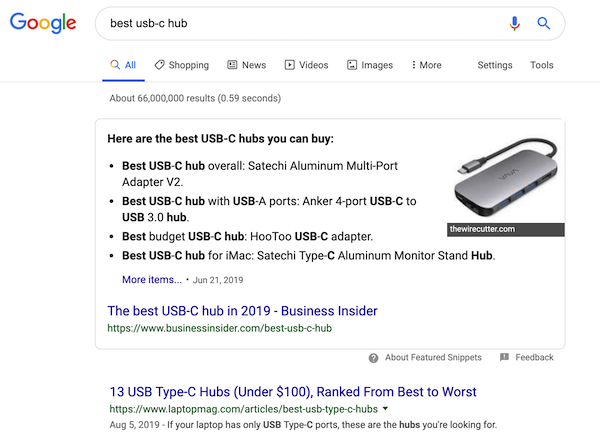 Search results for the query “best usb-c hub” showing the featured snippet with some USB-C suggestions. A screenshot of the search results for the query “best usb-c hub”.