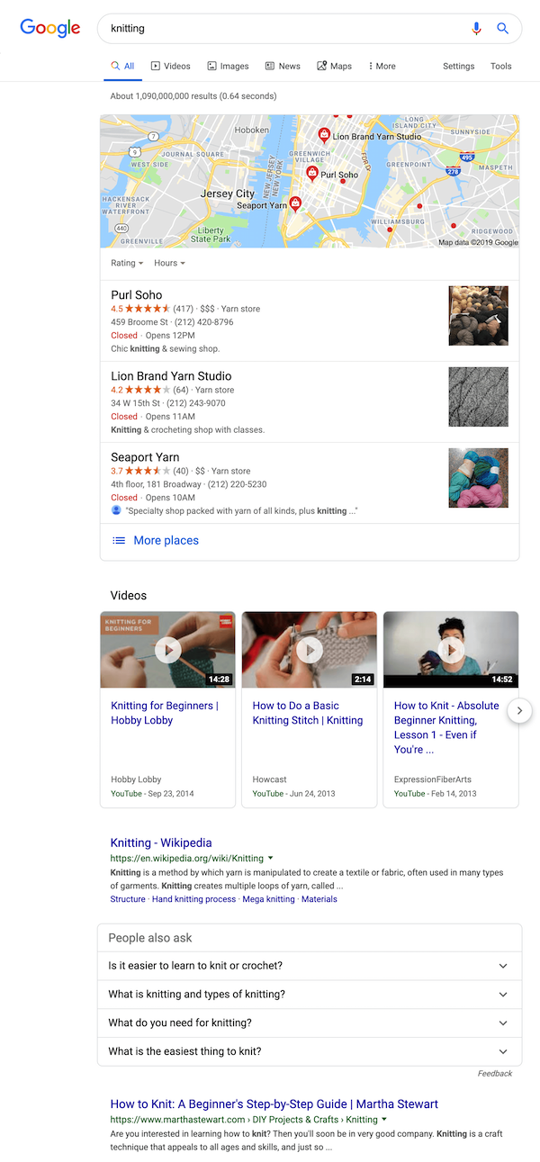 A screenshot of the search results for the query “knitting”.