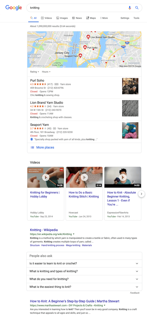 Search results for the query “knitting” showing Google Maps results, videos and regular results. A screenshot of the search results for the query “knitting”.