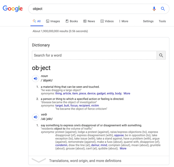 Search results for the query “object” showing different meanings of the word. A screenshot of the search results for the query “object”.