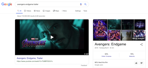 Search results for the query “avengers endgame trailer” showing the Avengers Endgame trailer and a knowledge graph pane. A screenshot of the search results for the query “avengers endgame trailer”.