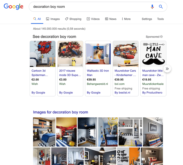Search results for the query “decoration boy room” showing Google shopping results and images of boys rooms. A screenshot of the search results for the query “decoration boy room”.