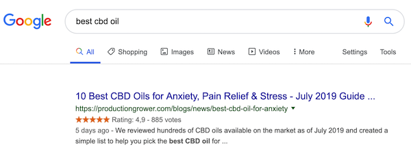 A SERP snippet for the query “best cbd oil”. A screenshot of a SERP snippet for the query “best cbd oil”.