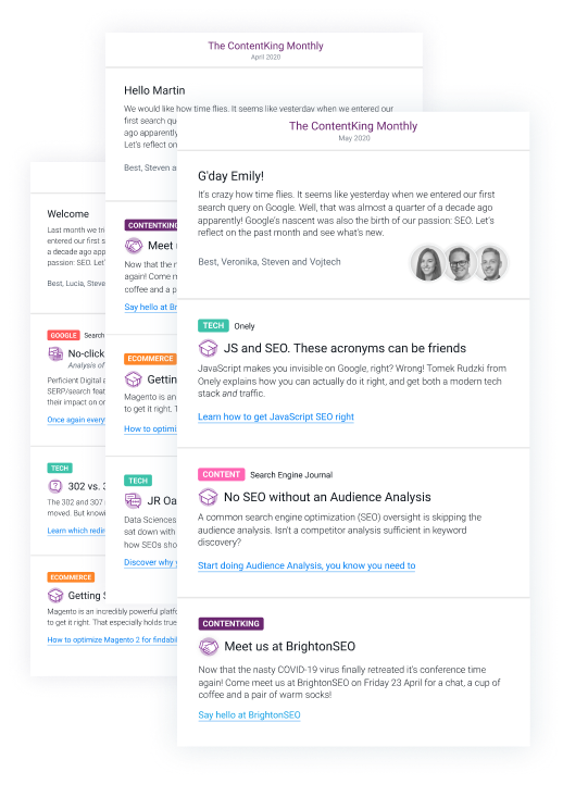 A stack of beautiful The ContentKing Monthly email newsletter editions.