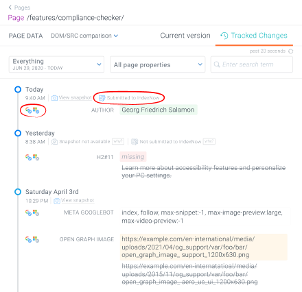 Tracked Changes in ContentKing showing that Google and Bing visited a page that was changed and was submitted to IndexNow.