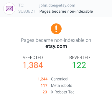 SEO alert on marketplace website about pages becoming non-indexable.