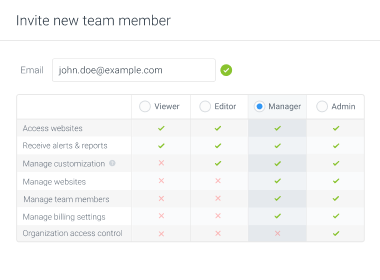 Advanced access control when adding team member to ContentKing account.