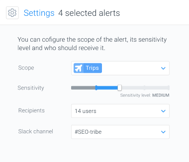Advanced configuration of SEO alerts including scope and Slack channel.
