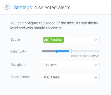 Advanced configuration of SEO alerts including scope, sensitivity threshold, alert routing and Slack channel.