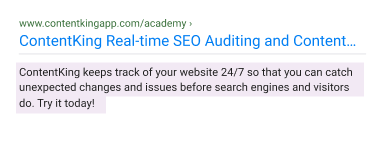 Example of SERP snippet with highlighted meta description.