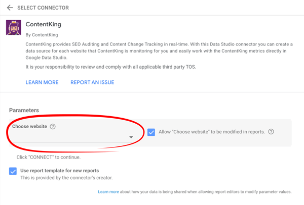 Google Data Studio Connector Screenshot showing the Google Data Studio connector