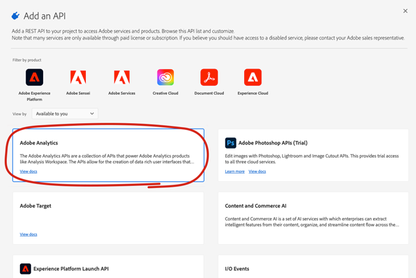 Creating a new API project in the Adobe Developer Console