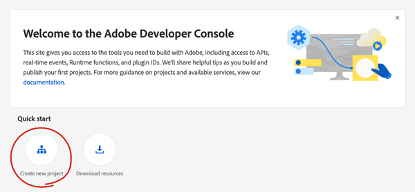 Creating a new API project in the Adobe Developer Console
