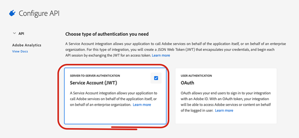 Choosing Service Account (JWT) as the authentication type in the Adobe Developer Console Choosing Service Account (JWT) as the authentication type in the Adobe Developer Console