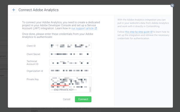 Filling in the Adobe Analytics authentication credentials in ContentKing Filling in the Adobe Analytics authentication credentials in ContentKing